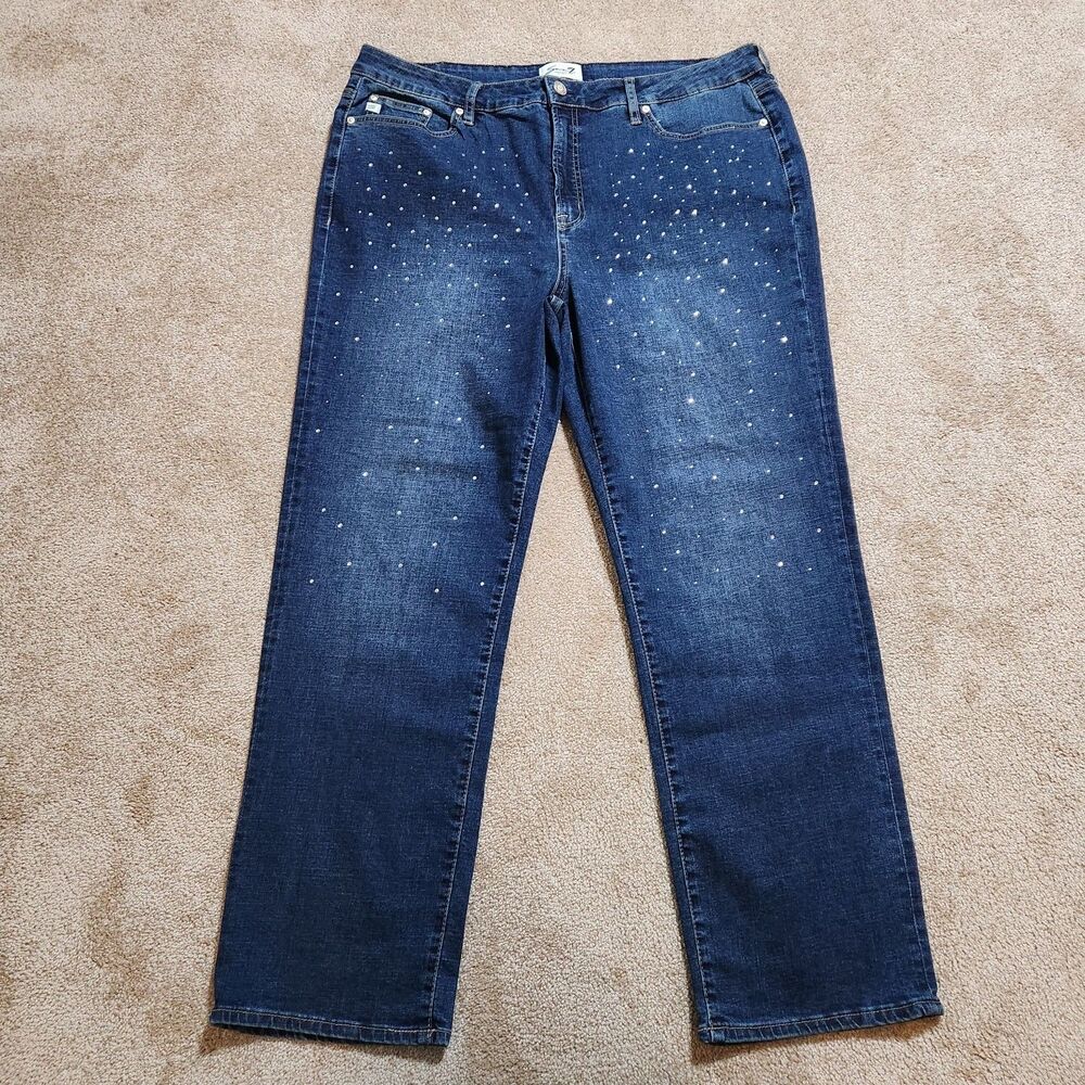 Seven7 Jeans Women 18 High Rise Slim Straight Dark Wash Rhinestone Embellished
